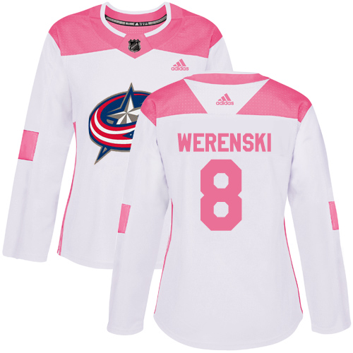 Adidas Blue Jackets #8 Zach Werenski White/Pink Authentic Fashion Women's Stitched NHL Jersey - Click Image to Close